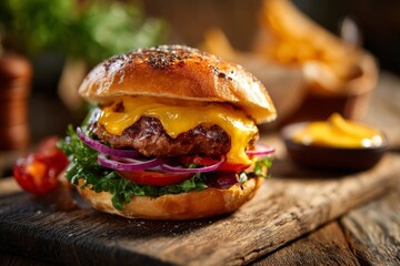 Appetizing cheeseburger with melted cheddar cheese, crisp lettuce, ripe tomato, and red onion on a rustic wooden board