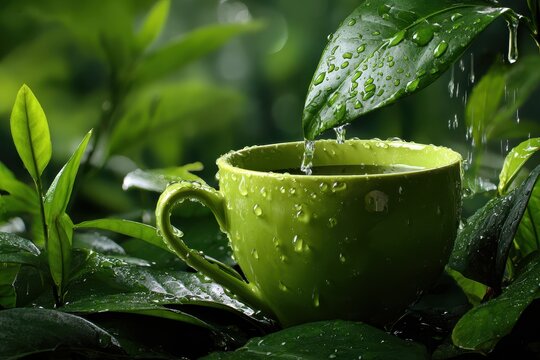 A vibrant green tea cup spills refreshing droplets, surrounded by lush green leaves, warm natural lighting creates a serene detox ambiance