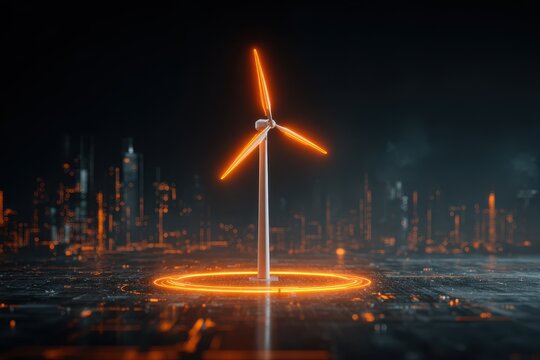 A glowing neon wind turbine positioned centrally on a dark, abstract tech backdrop, highlighting reflective surfaces and creating an energetic, innovative mood