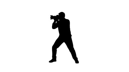 Black silhouette of a professional photographer in action, holding a camera with a large lens against a plain white background.