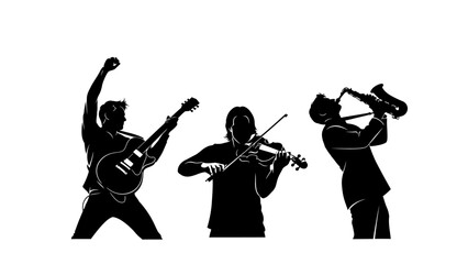 Silhouettes of three musicians playing guitar, violin, and saxophone against a white background.