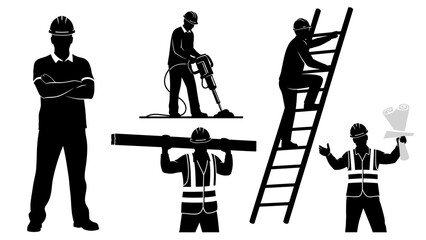 Silhouette of construction workers performing various tasks, including carrying materials and using tools.