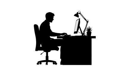Silhouette of a person working at a desk with a computer and lamp.