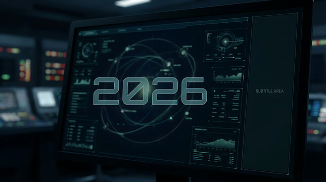Futuristic control room display showing 2026 and data.