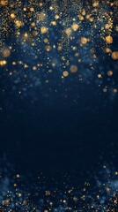 Abstract Festive Backdrop with Shimmering Golden Bokeh on Deep Blue Vertical Background