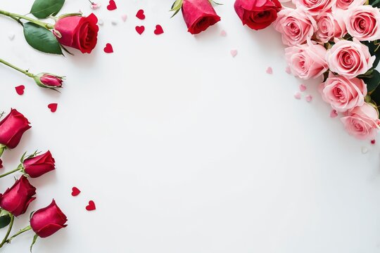 Red and pink roses arranged with small heart confetti on white background romantic floral composition for Valentine’s Day love weddings and celebrations