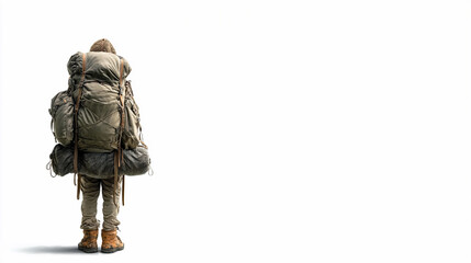 Hiker with large backpack prepares for mountain adventure