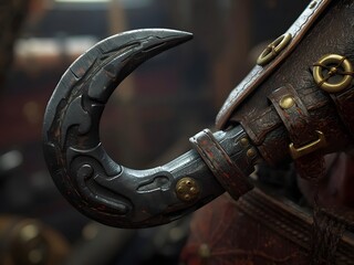 Realistic pirate hook with a weathered leather bracer and metal buckles

