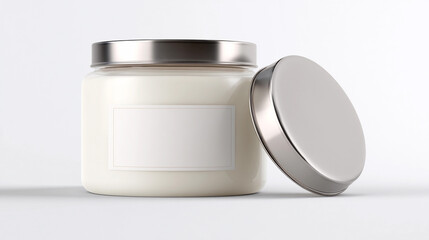 Sleek glass jar with a silver lid and empty label for customization