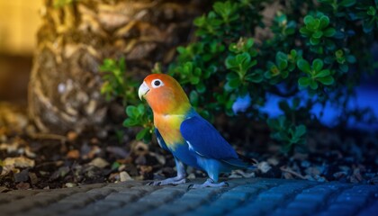 A charming lovebird perched amidst lush greenery with warm, natural lighting, creating a serene and beautiful ambiance