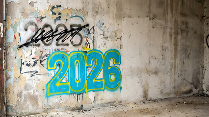 Naklejka premium Graffiti art on a weathered wall with the year 2026 prominently displayed.