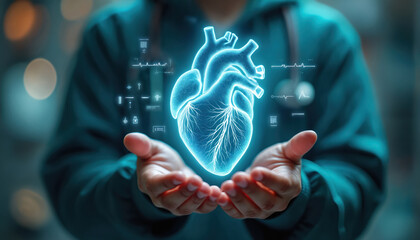 Person holds glowing holographic heart. Represents medical innovation tech, advanced healthcare. Concept demonstrates digital transformation. Digital heart symbol of cardiology, medical research.