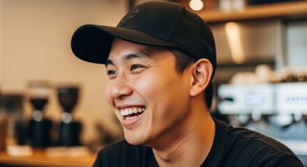 Young adult male employee wears a dark cap and smiles widely while working in a commercial food service setting