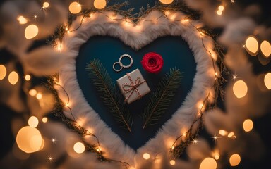 Heart-shaped Christmas decoration with gift rose and lights festive holiday background for greeting cards and romantic celebrations