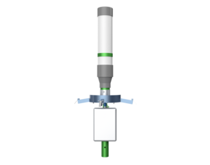 Modern Fish Farm Feeding Mechanism: White Container and Green Support Rotary Centrifugal Spreader, High-Definition 3D Rendering of Automated Aquatic Ecosystem Equipment, Isolated Transparent PNG.
