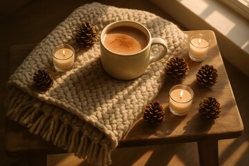 Cozy Autumn Still Life: Warm Drink, Candles, Pinecones, and Knitted Blanket