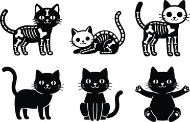 Cute black cat silhouettes, spooky skeleton cat illustrations, Halloween feline graphics, playful cartoon kittens, adorable animal clipart set for decoration