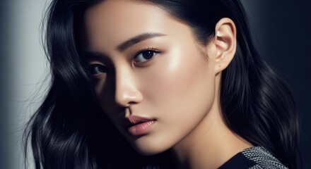 Fototapeta premium Stunning portrait captures a young woman with dark, flowing hair against dramatic lighting