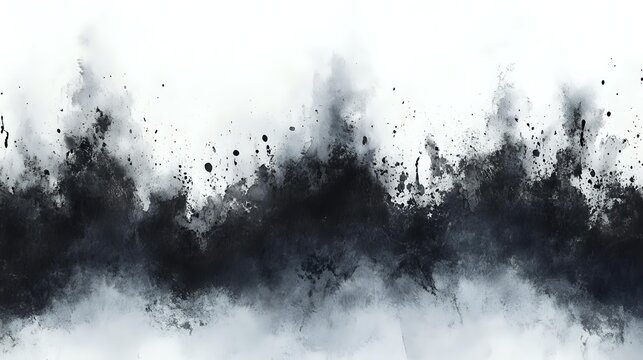 Abstract black watercolor splash on white background, creating dramatic misty effect with ink splatters and smoky texture for modern graphic design projects.