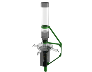 Modern Fish Farm Feeding Mechanism: White Container and Green Support Rotary Centrifugal Spreader, High-Definition 3D Rendering of Automated Aquatic Ecosystem Equipment, Isolated Transparent PNG.