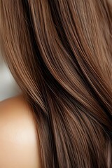 Fototapeta premium Close-up of smooth, shiny brown hair with natural highlights flowing over woman's shoulder, showcasing healthy texture and color.