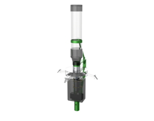 Modern Fish Farm Feeding Mechanism: White Container and Green Support Rotary Centrifugal Spreader, High-Definition 3D Rendering of Automated Aquatic Ecosystem Equipment, Isolated Transparent PNG.