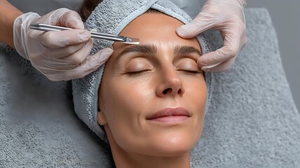 Mature woman receiving professional eyebrow shaping treatment at beauty salon, wearing gray towel headwrap during cosmetic procedure.