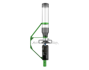 Modern Fish Farm Feeding Mechanism: White Container and Green Support Rotary Centrifugal Spreader, High-Definition 3D Rendering of Automated Aquatic Ecosystem Equipment, Isolated Transparent PNG.