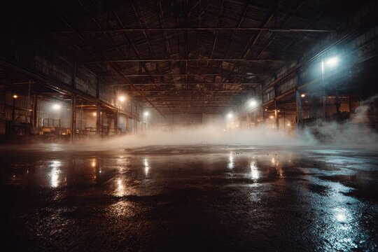 An abandoned industrial space filled with swirling smoke, harsh lighting highlighting cracked walls, creating a haunting mood that reflects deep emotional struggle and depression