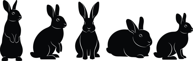 Rabbit silhouette set, various bunny poses in black outline, wildlife illustration collection for nature art, pet graphics, design elements, and decor