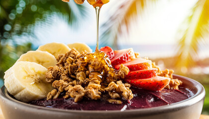 A vibrant acai bowl with sliced bananas, strawberries, granola, and honey being poured over it, set against a tropical background with palm trees.
