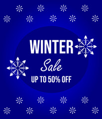 Bright winter sale banner with snowflakes and the inscription "Winter Sale. Up to 50% off" in a round frame