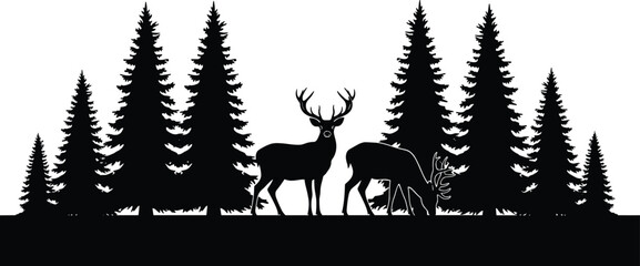 Deer forest silhouette scene, wilderness wildlife illustration, pine tree landscape with bucks, outdoor nature design for adventure art, decals, and prints