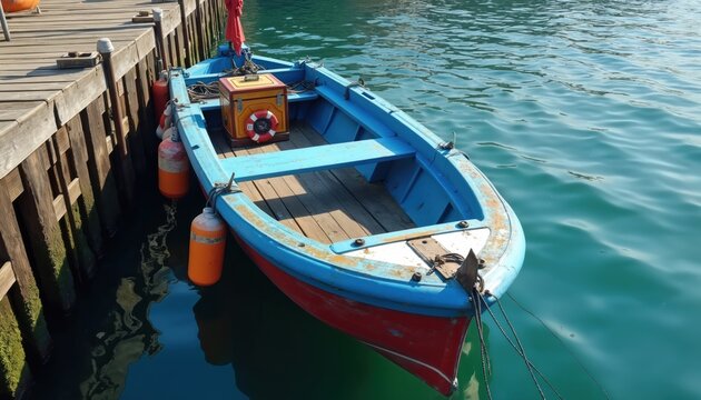 Small red and blue fishing boat moored at wooden pier. Boat is tied with ropes to dock in calm green water harbor. Orange buoys are attached to the pier. Life preserver is on the boat.