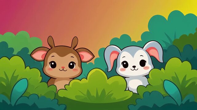 Cute cartoon animals hiding behind bushes with sunset sky.
