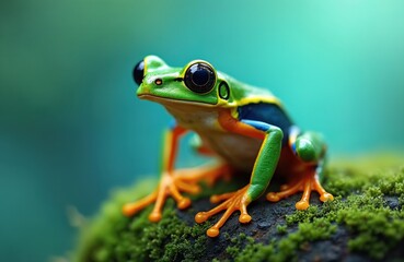 Obraz premium Wallace flying frog, Rhacophorus reinwardtii, perched on mossy rock. Small green amphibian with vibrant orange feet and blue markings. Macro shot of exotic wildlife in lush green jungle habitat.