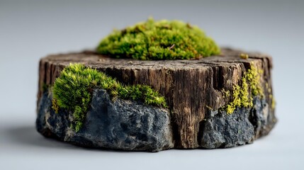 Weathered tree stump with vibrant green moss growing on top and sides, showcasing natural decay and regrowth in forest ecosystem.