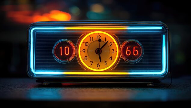 Retro neon clock, vibrant colors
