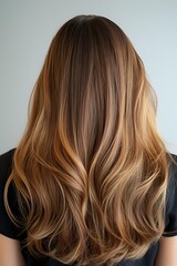Fototapeta premium Back view of woman with caramel balayage hair showing smooth, wavy styling with golden highlights against neutral background.