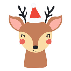 Reindeer in a Santa Claus hat isolated on transparent. Hand drawn flat vector illustration. Cute cartoon character. Traditional Christmas, New Year, seasonal design element, holiday clip art