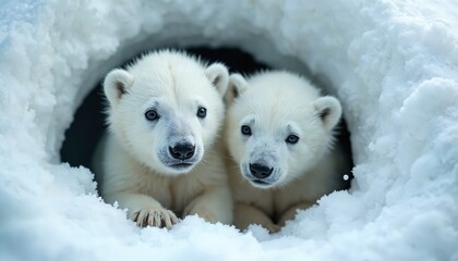 Two white polar bear cubs peek from snow hole. Young furry baby animals look curious. In arctic den in cold winter habitat. Sibling polar bears stay cozy together, exploring frozen world. Baby
