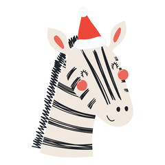 Obraz premium Zebra in a Santa Claus hat isolated on transparent. Hand drawn flat vector illustration. Cute cartoon character. Traditional Christmas, New Year, seasonal design element, holiday clip art
