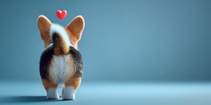 Adorable corgi puppy from behind with heart floating above, showcasing fluffy bottom and perky ears against soft blue background.