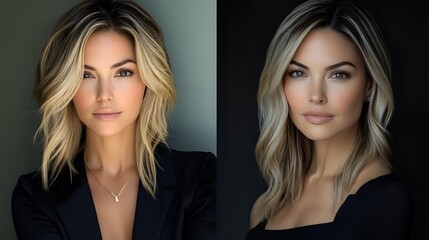 Young blonde woman with layered hair in professional portrait against dark background, wearing black top, natural makeup for beauty and fashion advertising.