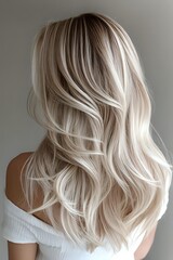 Fototapeta premium Blonde balayage hairstyle with soft waves showing dimensional highlights and lowlights on woman wearing white off-shoulder top against neutral background.