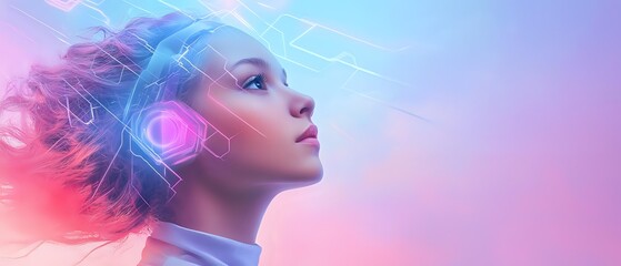 Young woman in profile with futuristic digital elements surrounding her head against pink and blue gradient background for technology concept.