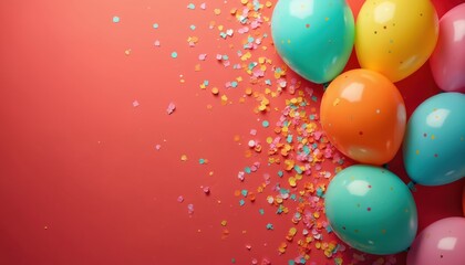 Colorful balloons, confetti scattered on vibrant red background, suggesting joyous celebration or party atmosphere. This image conveys fun, festivity, perfect for event promotions or greeting cards.