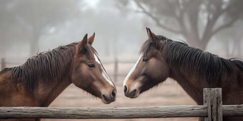 Two brown horses facing each other over wooden fence in misty morning light, creating intimate moment of connection in rural countryside setting.