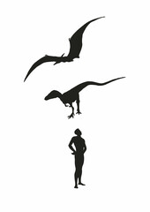 Silhouette of a Pteranodon, Sinosauropteryx, and Human on a White Background © Abel