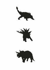 Silhouette dinosaurs: Ankylosaurus, Stegosaurus, and Triceratops on white background